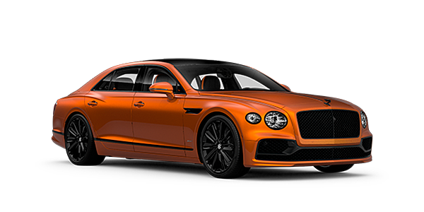 Bentley Polanco Bentley Flying Spur Speed front side angled view in Orange Flame coloured exterior. 