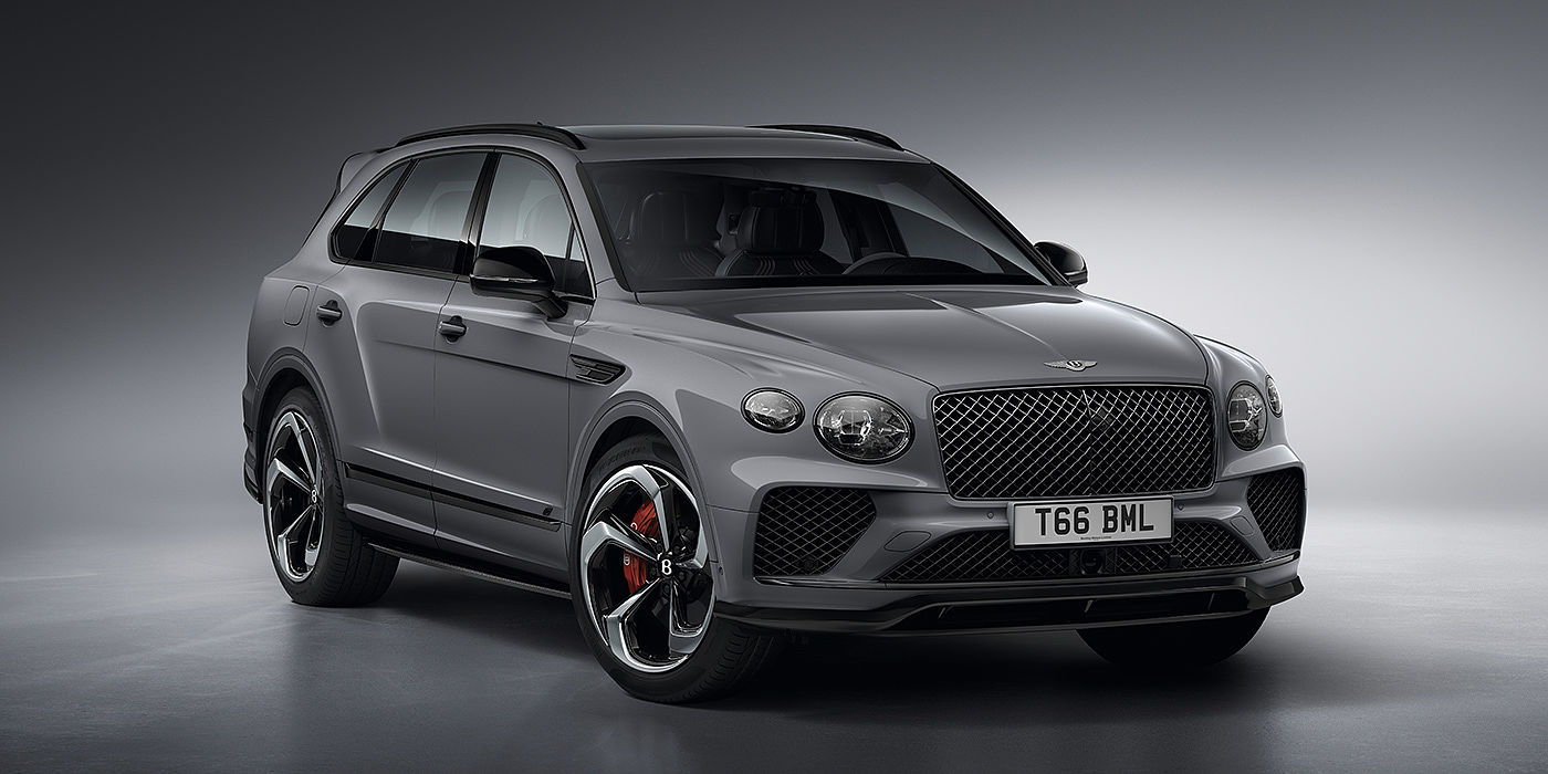 Bentley Polanco Bentley Bentayga S in Cambrian Grey paint front three - quarter view with dark chrome matrix grille and featuring elliptical LED matrix headlights. 