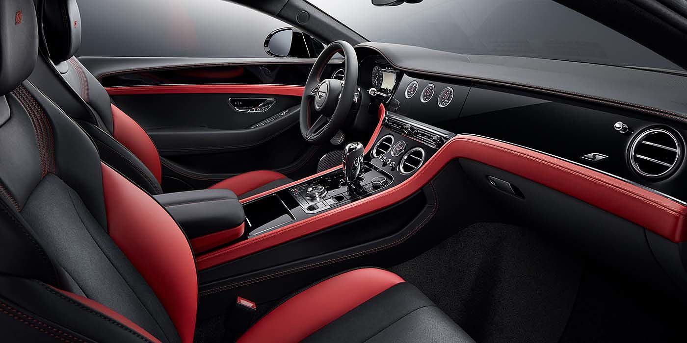 Bentley Polanco Bentley Continental GT S coupe front interior in Beluga black and Hotspur red hide with high gloss Carbon Fibre veneer