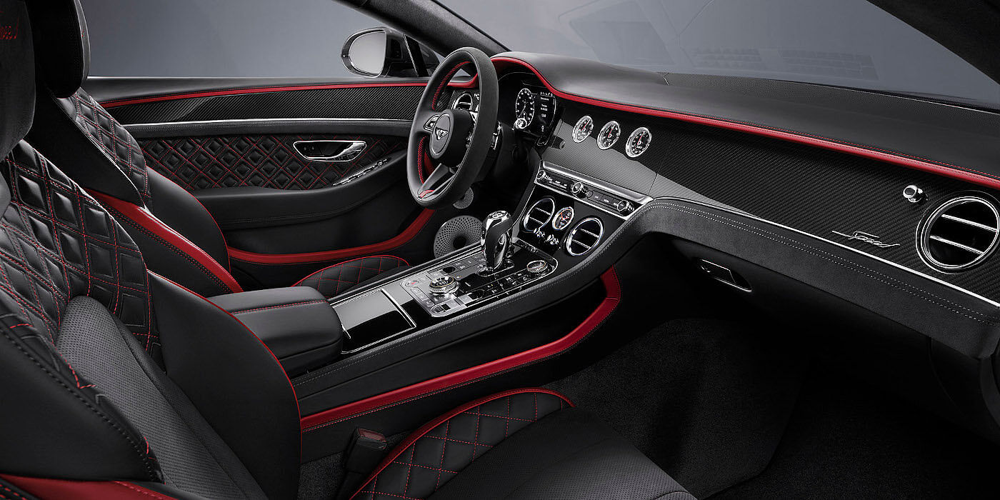 Bentley Polanco Bentley Continental GT Speed coupe front interior in Beluga black and Hotspur red hide