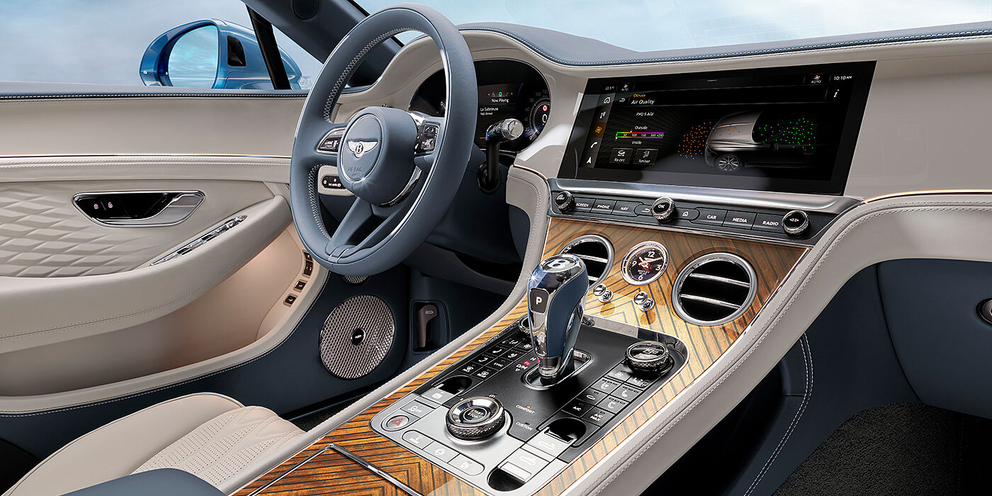 Bentley Polanco New Bentley Continental GTC Azure convertible interior front cabin view with Linen and Brunel hides and Piano Linen by Mulliner veneer featuring centre console and centre MMI screen