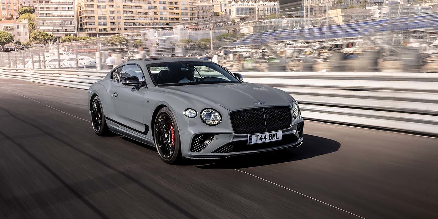 Bentley Polanco Bentley Continental GT S coupe in Cambrian Grey paint front 34 dynamic driving on track