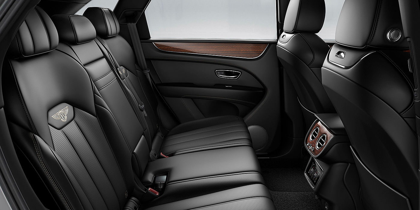 Bentley Polanco Bentey Bentayga interior view for rear passengers with Beluga black hide.