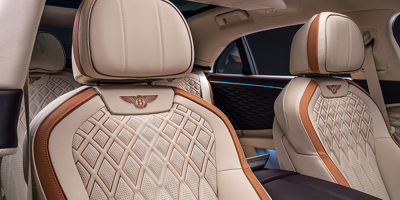 Bentley Polanco Bentley Flying Spur Odyssean sedan rear seat detail with Diamond quilting and Linen and Burnt Oak hides