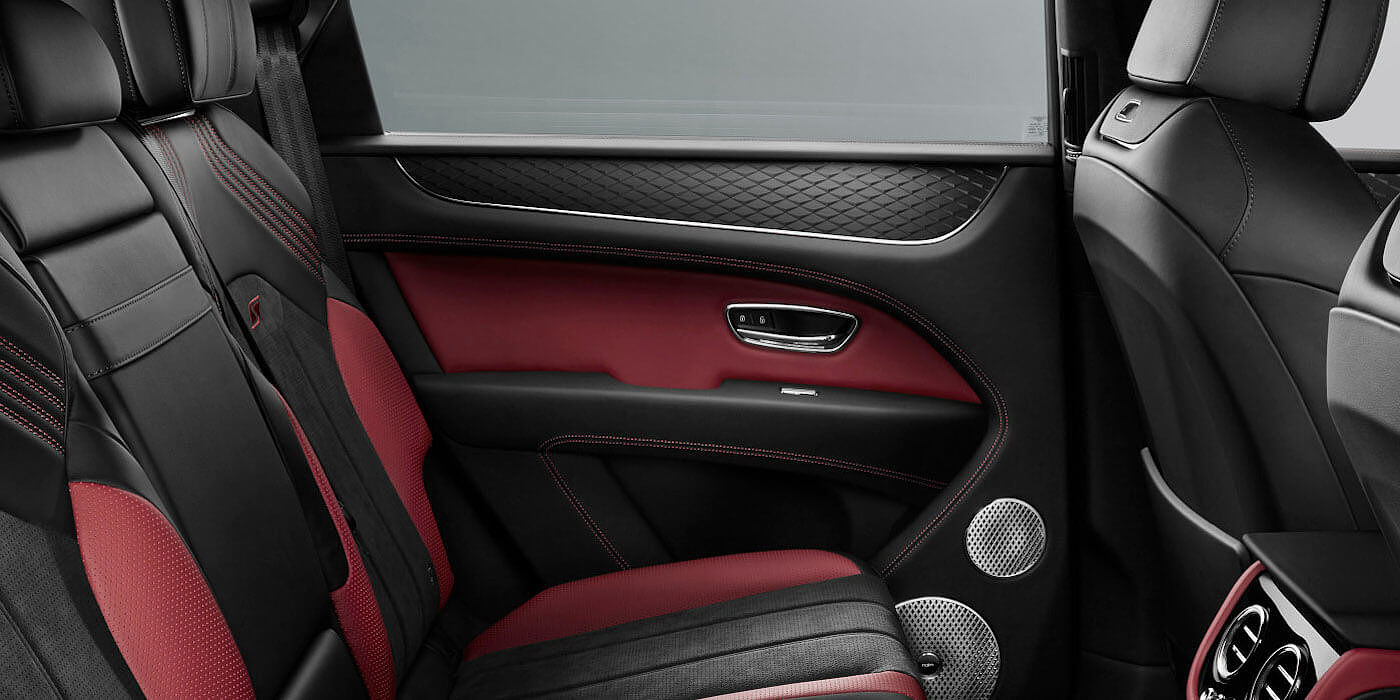 Bentley Polanco Bentley Bentayga S SUV rear interior in Beluga black and Hotspur red hide