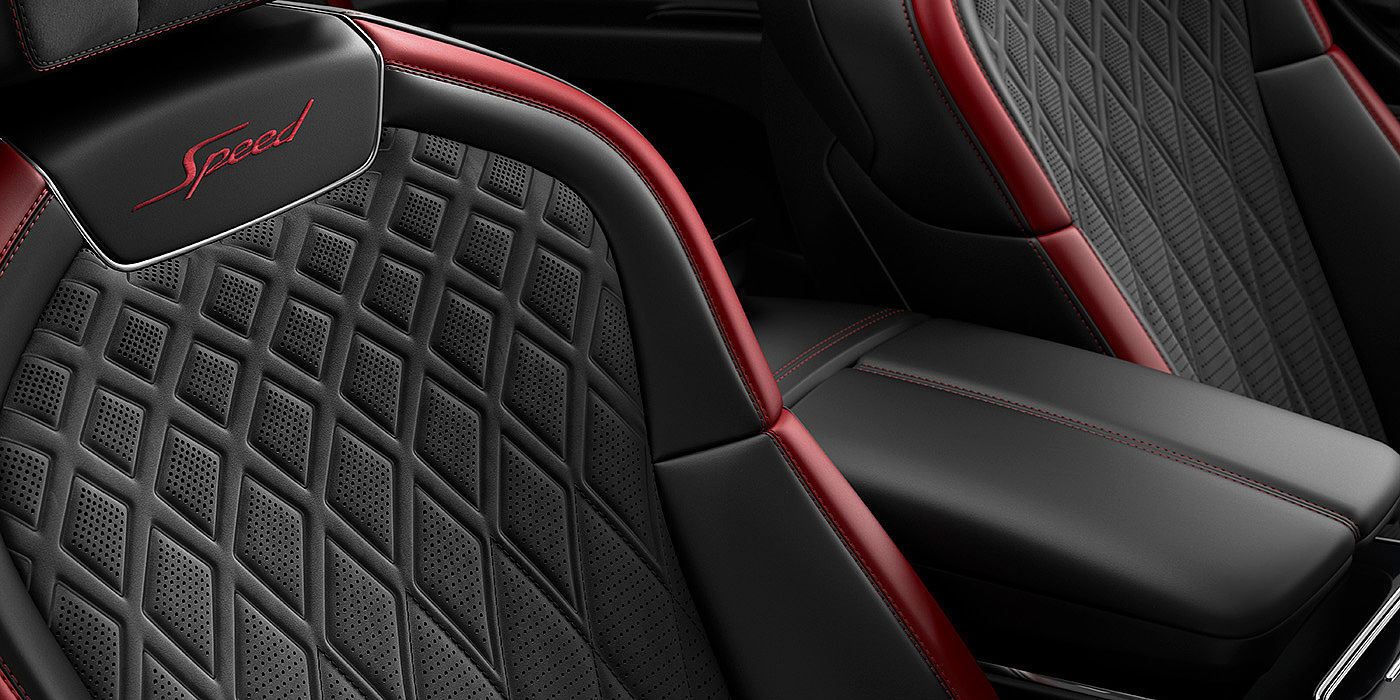 Bentley Polanco Bentley Flying Spur Speed sedan seat stitching detail in Beluga black and Cricket Ball red hide