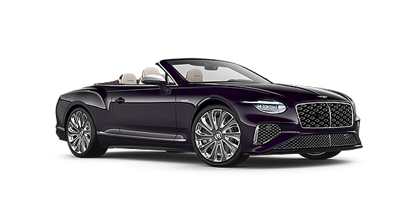 Bentley Polanco Bentley New Continental GTC Mulliner convertible front three quarter view in Damson paint with 22 inch Mulliner painted and polished wheel