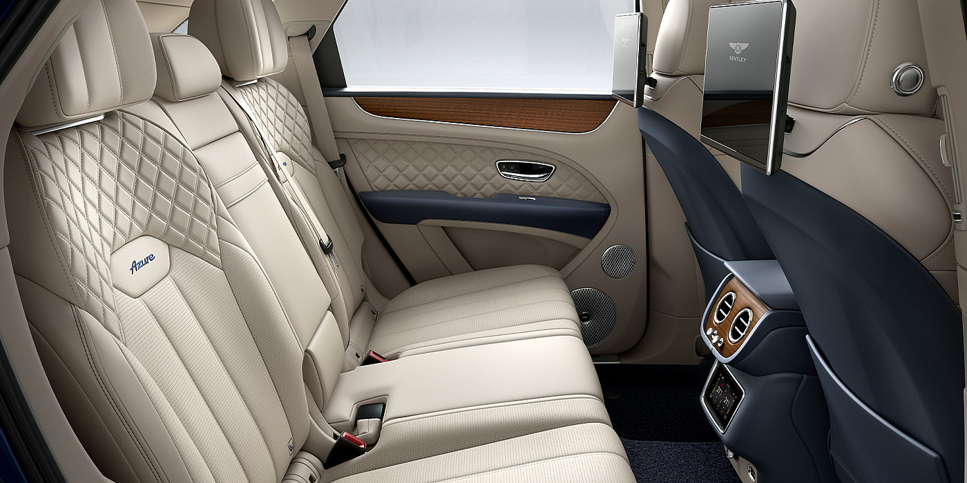 Bentley Polanco Bentley Bentayga Azure SUV rear interior in Imperial Blue and Linen hide