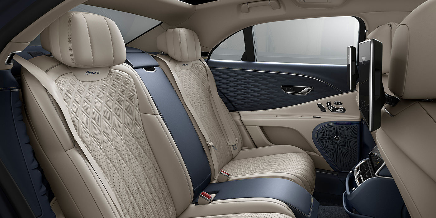 Bentley Polanco Bentley Flying Spur Azure sedan rear interior in Imperial Blue and Linen hide