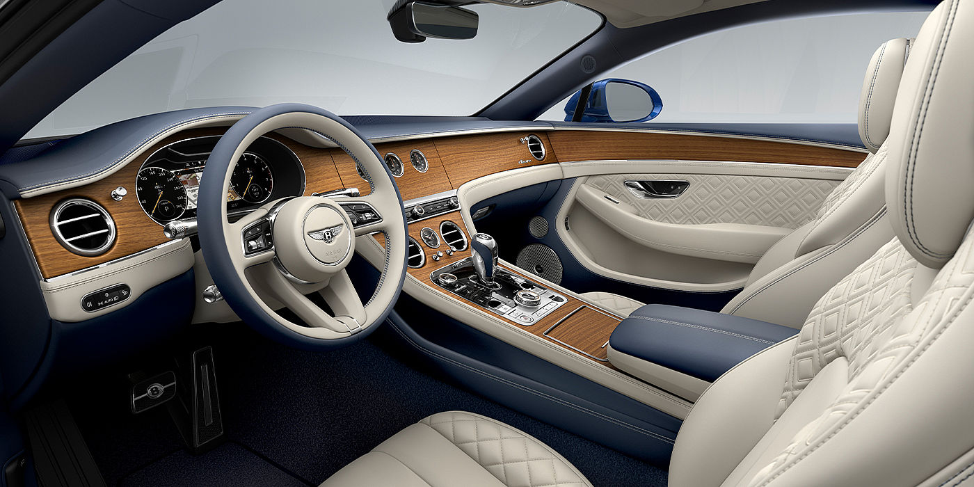 Bentley Polanco Bentley Continental GT Azure coupe front interior in Imperial Blue and linen hide