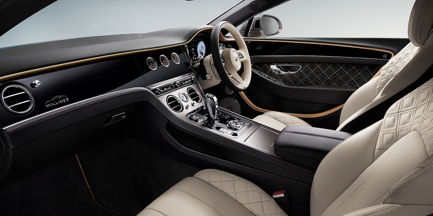 Bentley Polanco Bentley Continental GT Mulliner coupe front interior in Beluga black and Linen hide