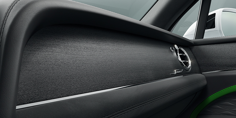 Bentley Polanco Bentley Bentayga Speed SUV front dash close up in Hyper Green and Beluga black hides, with Black Stained Crown Cut Walnut veneer