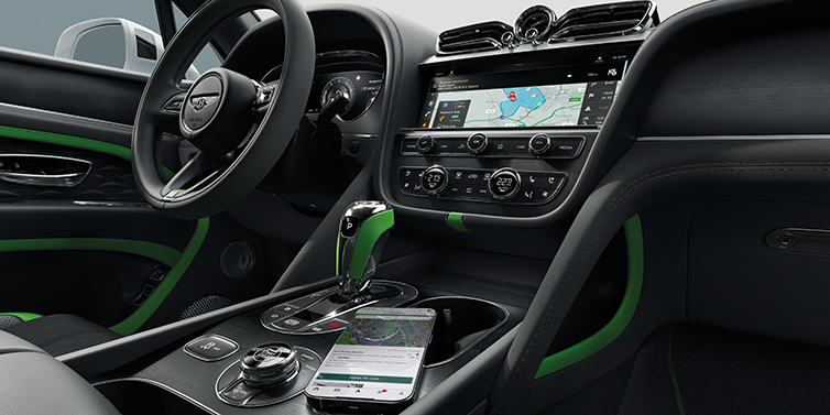 Bentley Polanco Bentley Bentayga Speed SUV front cabin in Hyper Green and Beluga black hides, with Black Stained Crown Cut Walnut veneer